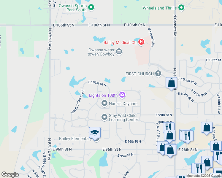 map of restaurants, bars, coffee shops, grocery stores, and more near 10009 North 103rd East Avenue in Owasso