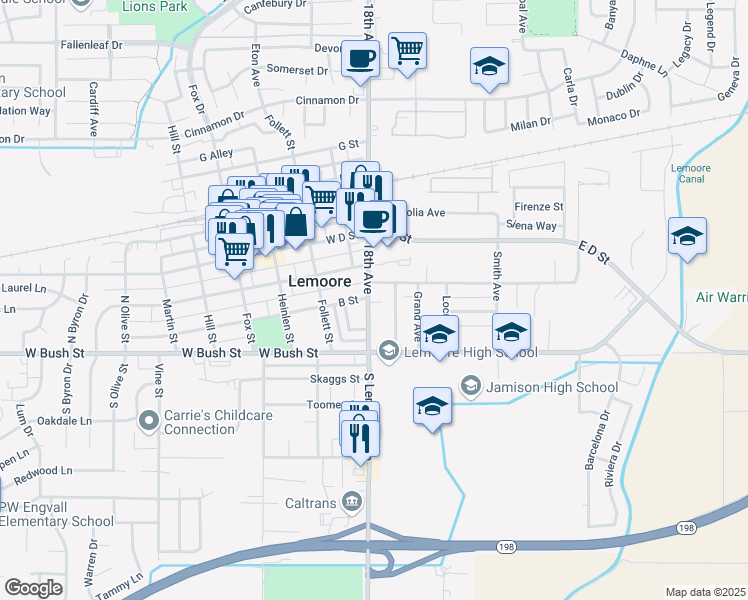 map of restaurants, bars, coffee shops, grocery stores, and more near 77 18th Avenue in Lemoore