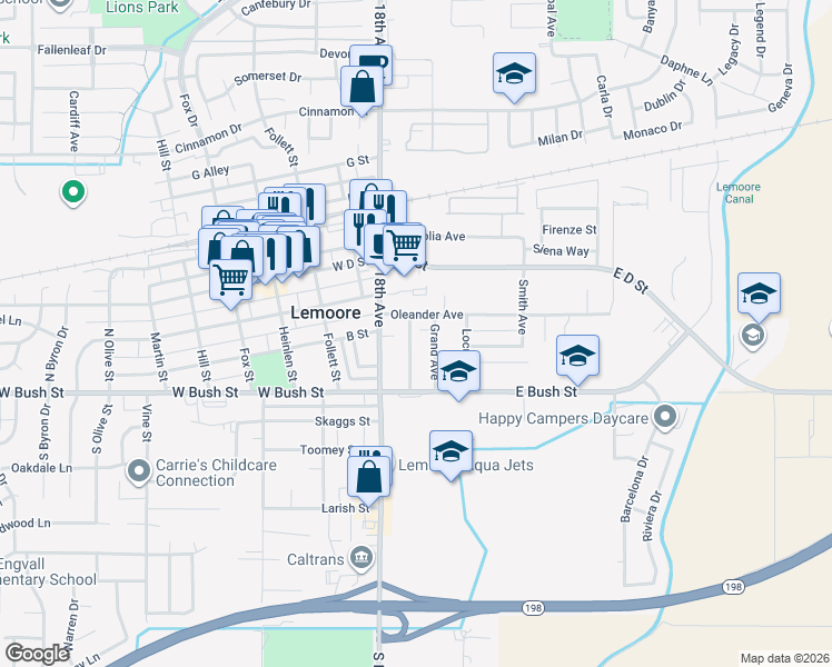 map of restaurants, bars, coffee shops, grocery stores, and more near 126 Powell Avenue in Lemoore