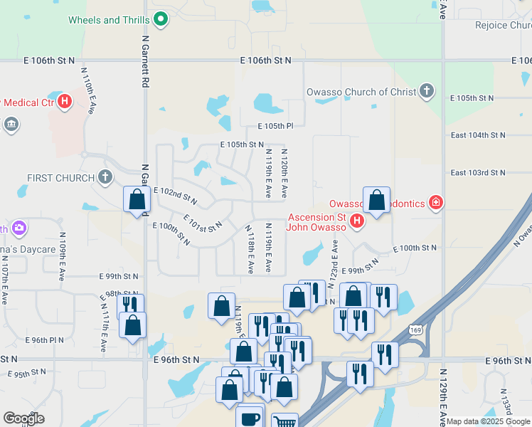 map of restaurants, bars, coffee shops, grocery stores, and more near 11803 E 100th Street North in Owasso