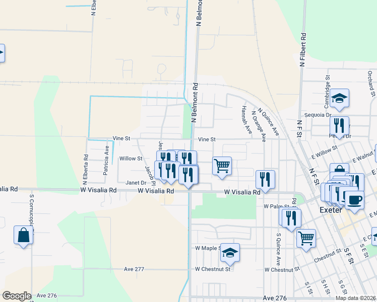 map of restaurants, bars, coffee shops, grocery stores, and more near 1104 Woods Avenue in Exeter