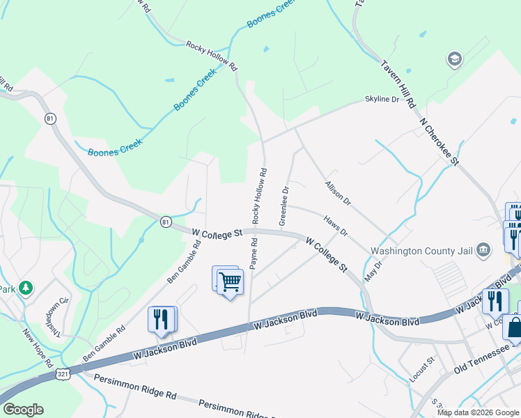map of restaurants, bars, coffee shops, grocery stores, and more near 1206 Rocky Hollow Road in Jonesborough