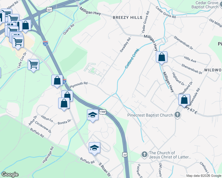 map of restaurants, bars, coffee shops, grocery stores, and more near 2605 Plymouth Road in Johnson City