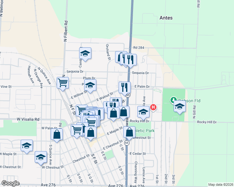 map of restaurants, bars, coffee shops, grocery stores, and more near 252 North A Street in Exeter