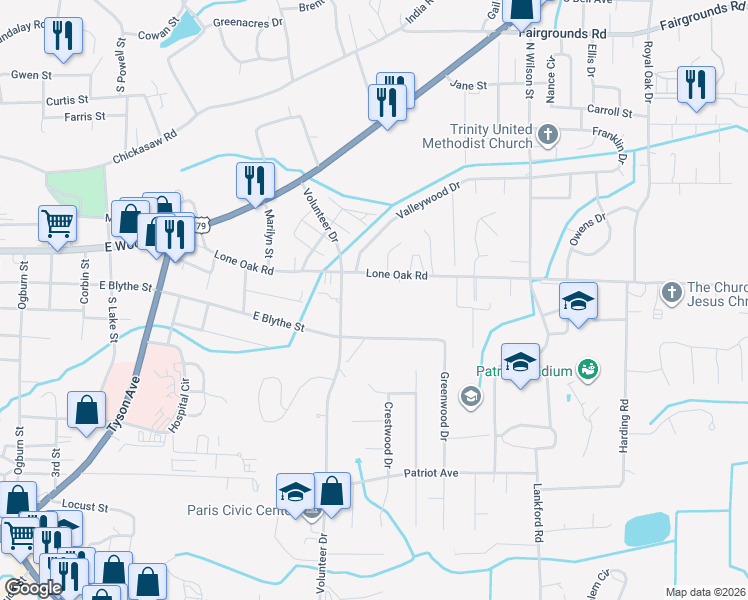 map of restaurants, bars, coffee shops, grocery stores, and more near 1401 Lone Oak Road in Paris