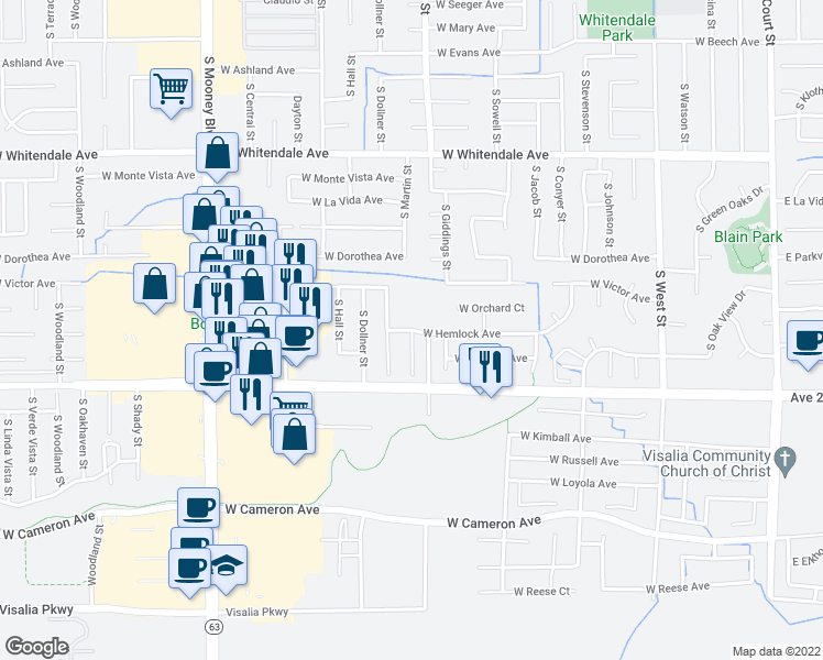 map of restaurants, bars, coffee shops, grocery stores, and more near West Hemlock Avenue & South Lincoln Court in Visalia