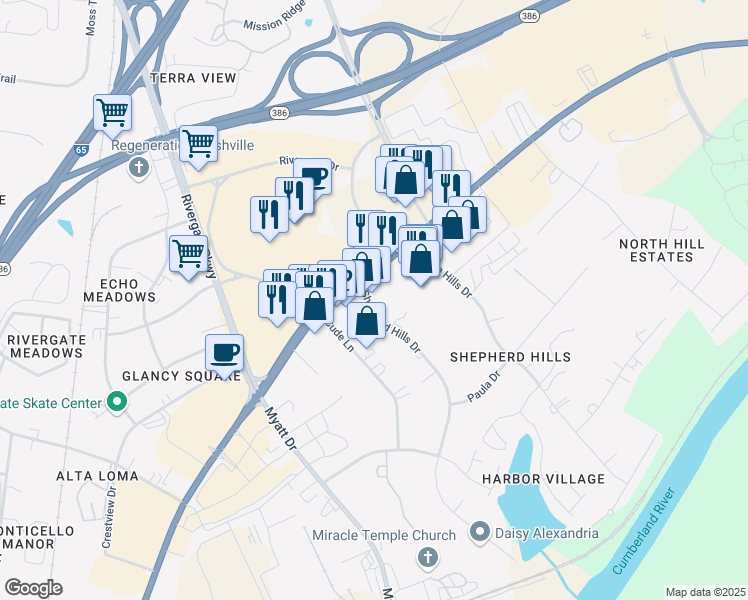 map of restaurants, bars, coffee shops, grocery stores, and more near 31 Shepherd Hills Drive in Nashville