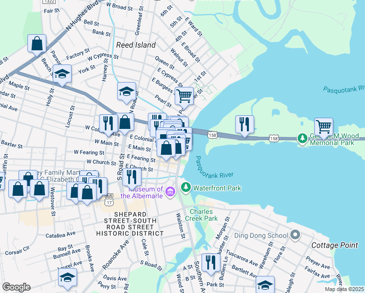 map of restaurants, bars, coffee shops, grocery stores, and more near 106 South Water Street in Elizabeth City