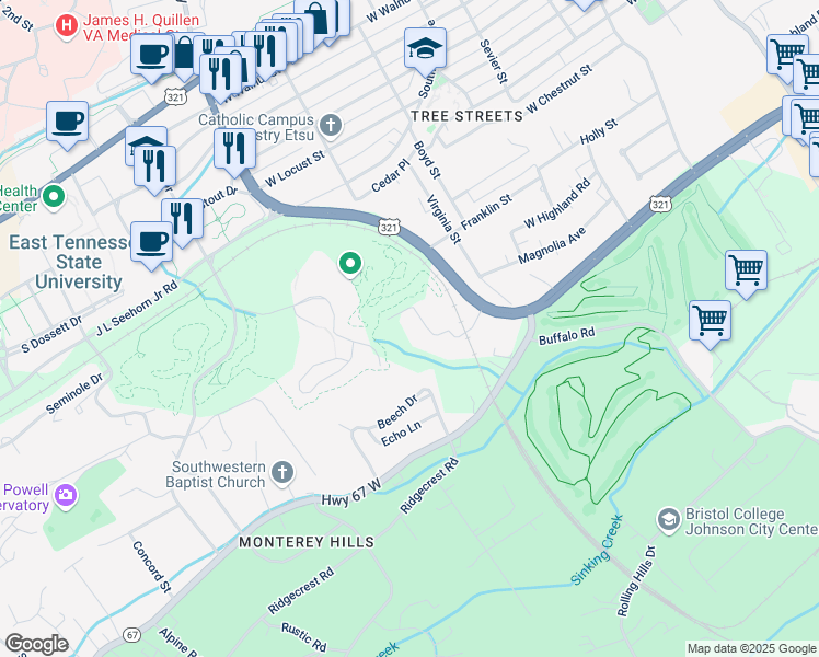 map of restaurants, bars, coffee shops, grocery stores, and more near 122 Magnolia Ridge Drive in Jonesborough