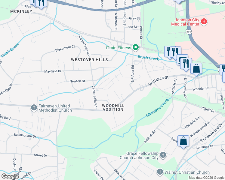 map of restaurants, bars, coffee shops, grocery stores, and more near 2832 West Walnut Street in Johnson City