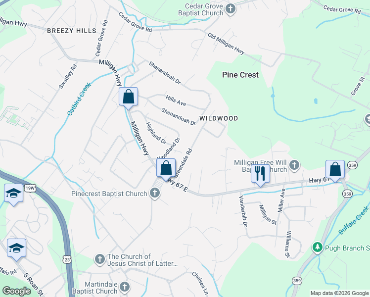 map of restaurants, bars, coffee shops, grocery stores, and more near 178-194 Greendale Road in Johnson City