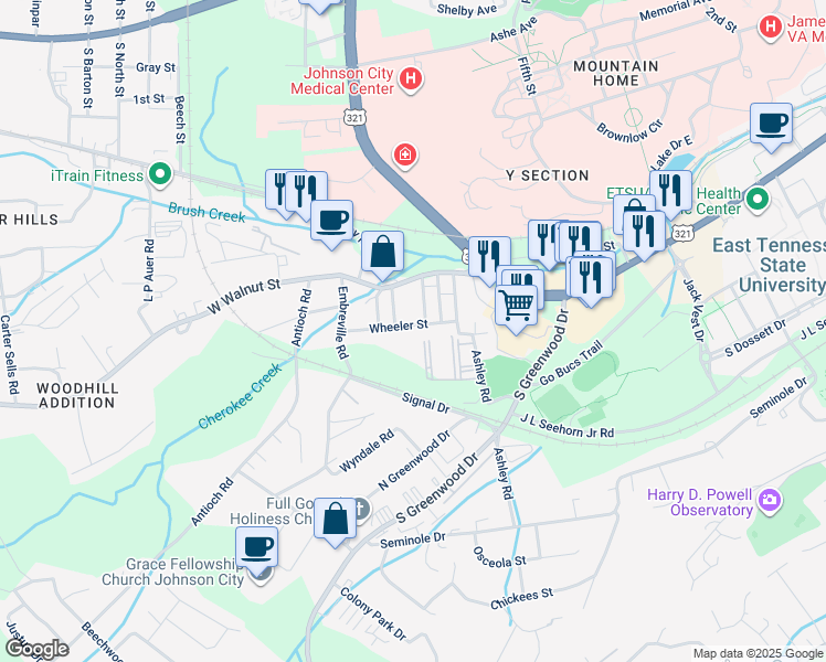 map of restaurants, bars, coffee shops, grocery stores, and more near 2209 Wheeler Street in Johnson City