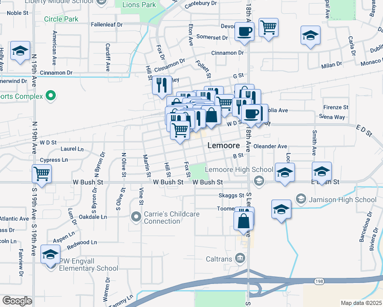 map of restaurants, bars, coffee shops, grocery stores, and more near 341 C Street in Lemoore