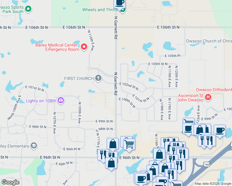 map of restaurants, bars, coffee shops, grocery stores, and more near 10010 North Garnett Road in Owasso