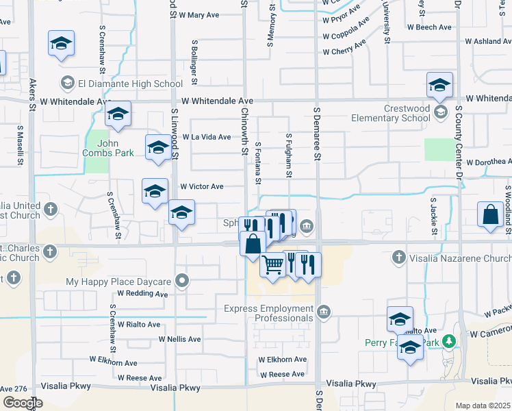 map of restaurants, bars, coffee shops, grocery stores, and more near 4025 West Hemlock Court in Visalia