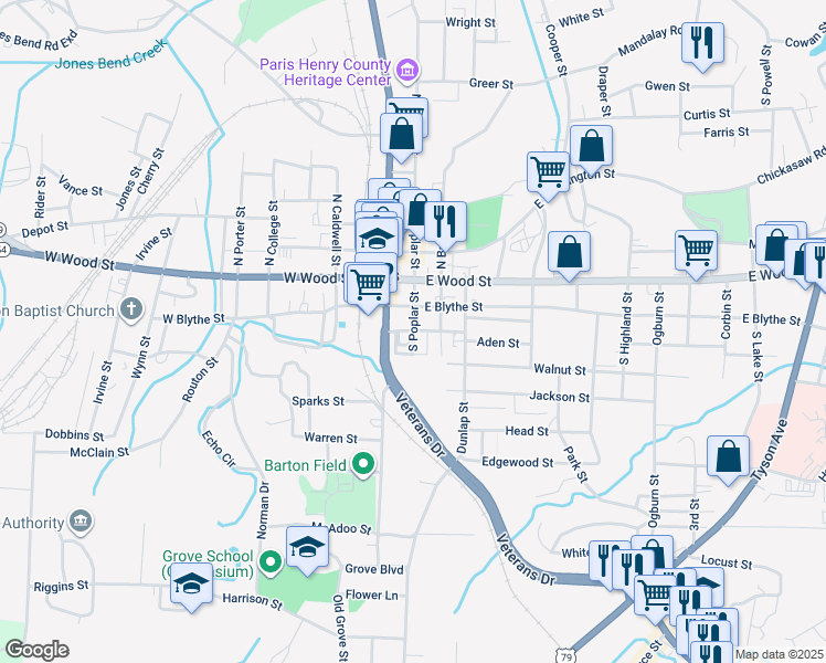 map of restaurants, bars, coffee shops, grocery stores, and more near 202 South Poplar Street in Paris