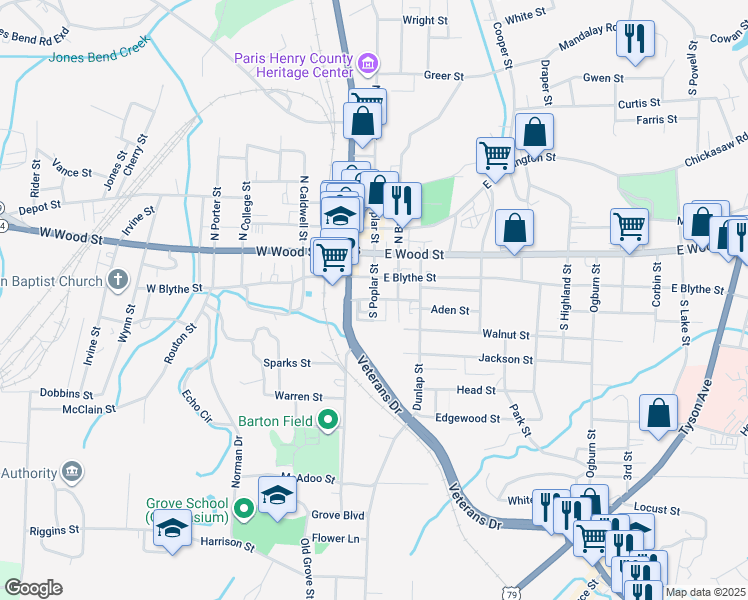 map of restaurants, bars, coffee shops, grocery stores, and more near 202 South Poplar Street in Paris