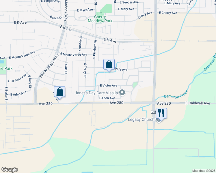 map of restaurants, bars, coffee shops, grocery stores, and more near 2253 East Victor Avenue in Visalia