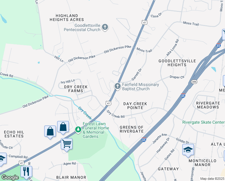 map of restaurants, bars, coffee shops, grocery stores, and more near 26 Rolling Meadows Drive in Goodlettsville