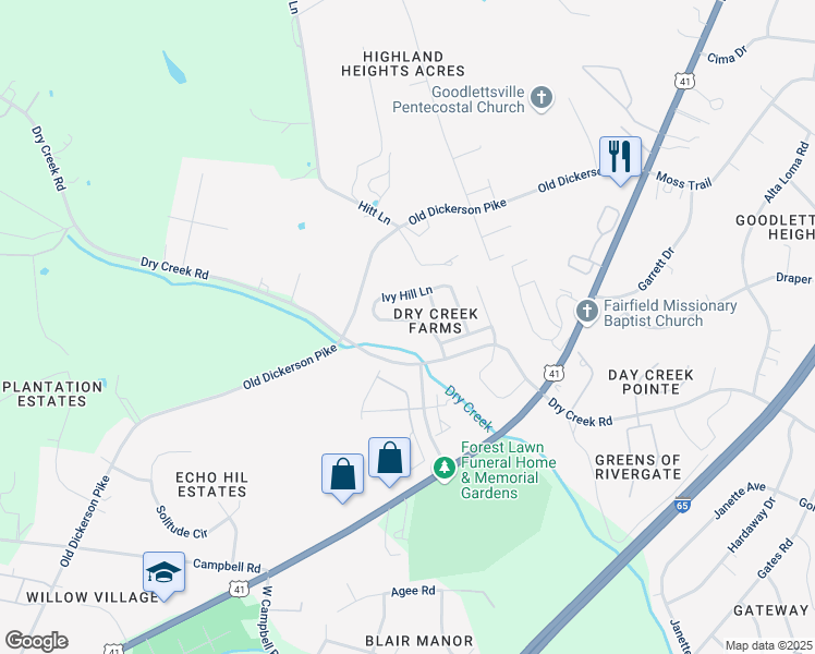 map of restaurants, bars, coffee shops, grocery stores, and more near 122 Ivy Hill Lane in Goodlettsville