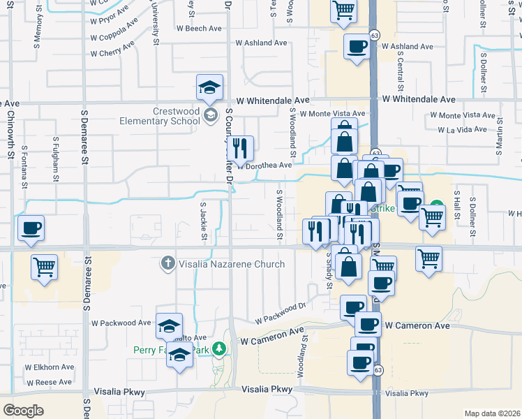 map of restaurants, bars, coffee shops, grocery stores, and more near 2728 West Hemlock Court in Visalia
