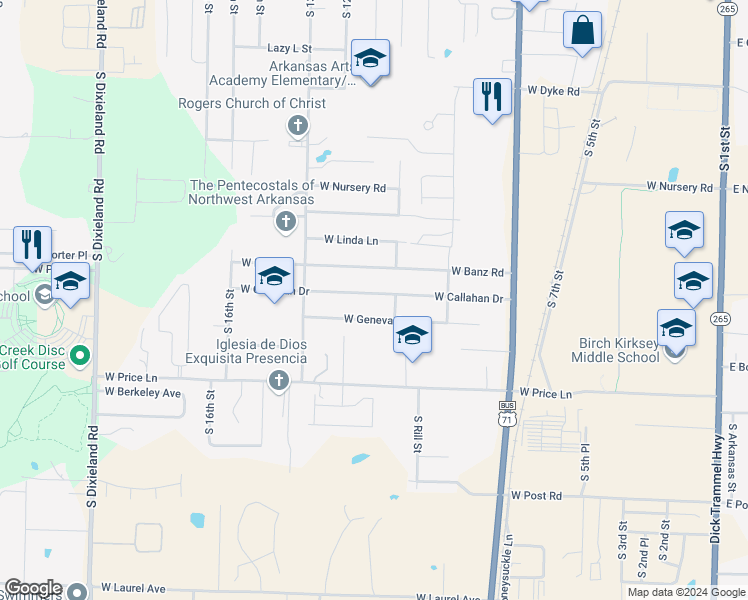 map of restaurants, bars, coffee shops, grocery stores, and more near 1104 West Callahan Drive in Rogers