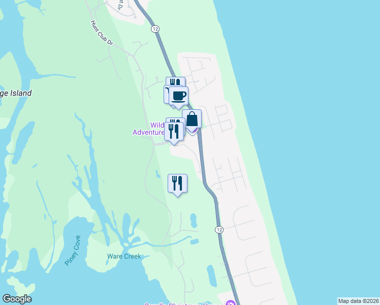 map of restaurants, bars, coffee shops, grocery stores, and more near 626 Cottage Lane in Corolla