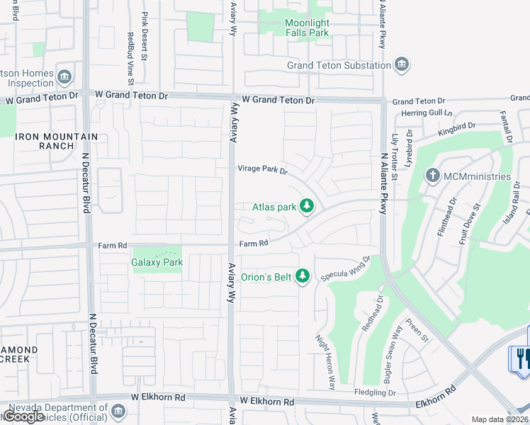 map of restaurants, bars, coffee shops, grocery stores, and more near 4190 Farm Road in North Las Vegas