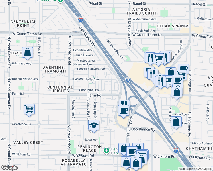 map of restaurants, bars, coffee shops, grocery stores, and more near 7625 North Interlace Street in Las Vegas