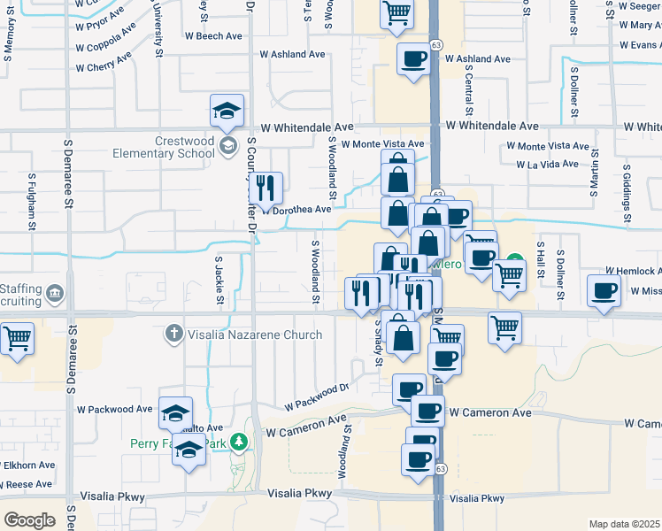 map of restaurants, bars, coffee shops, grocery stores, and more near 2531 West Hemlock Court in Visalia