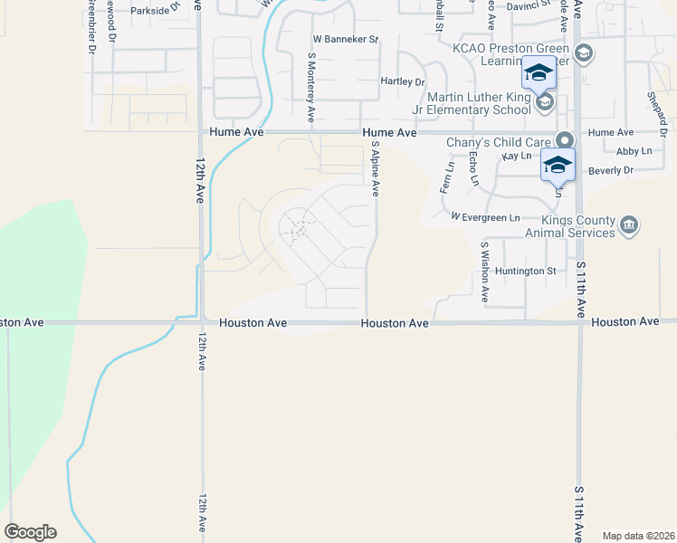 map of restaurants, bars, coffee shops, grocery stores, and more near 11806 Houston Avenue in Hanford