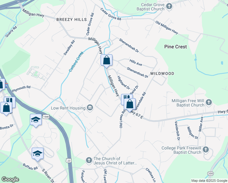 map of restaurants, bars, coffee shops, grocery stores, and more near 1306 Milligan Highway in Johnson City