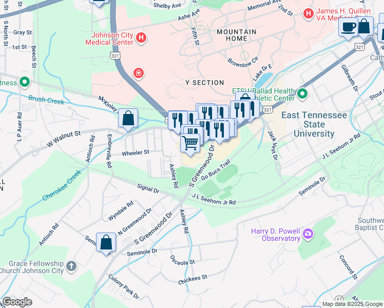 map of restaurants, bars, coffee shops, grocery stores, and more near 1805 West State of Franklin Road in Johnson City