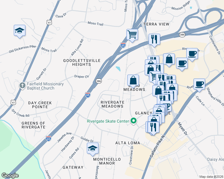 map of restaurants, bars, coffee shops, grocery stores, and more near 108 Cobblestone Place Drive in Goodlettsville