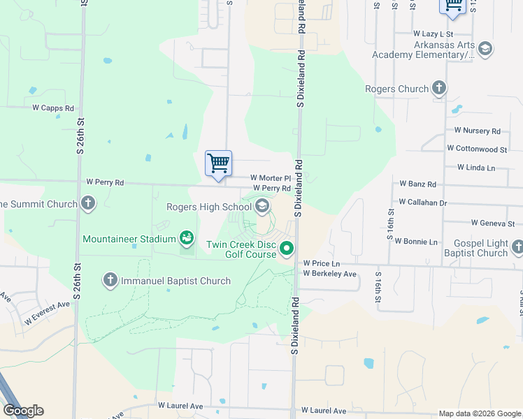map of restaurants, bars, coffee shops, grocery stores, and more near 2300 South Dixieland Road in Rogers