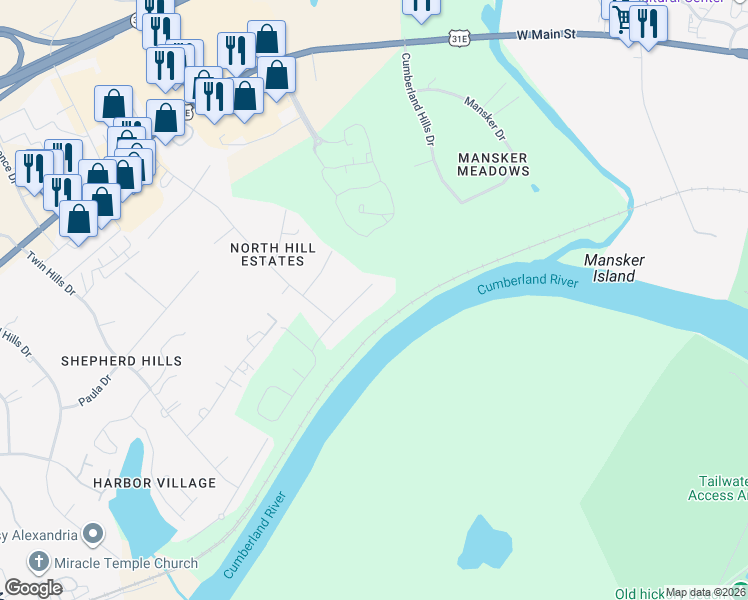 map of restaurants, bars, coffee shops, grocery stores, and more near 355 Cumberland Hills Drive in Nashville
