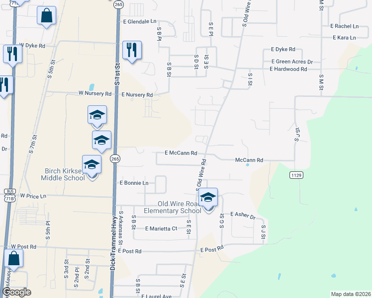 map of restaurants, bars, coffee shops, grocery stores, and more near 428 East McCann Road in Rogers