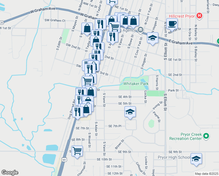 map of restaurants, bars, coffee shops, grocery stores, and more near 312 Park Street in Pryor