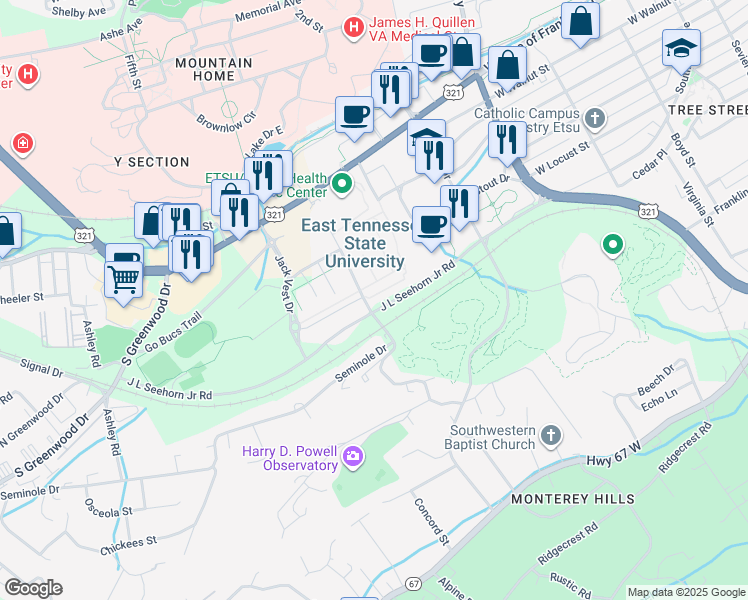 map of restaurants, bars, coffee shops, grocery stores, and more near 205 South Dossett Drive in Johnson City