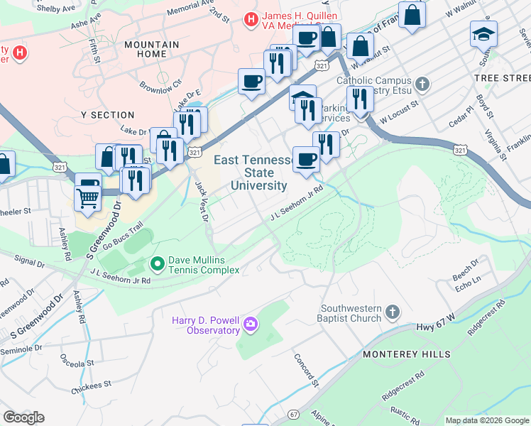 map of restaurants, bars, coffee shops, grocery stores, and more near 205 South Dossett Drive in Johnson City