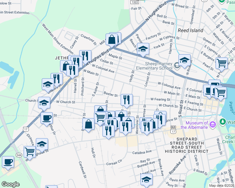 map of restaurants, bars, coffee shops, grocery stores, and more near 905 Baxter Street in Elizabeth City