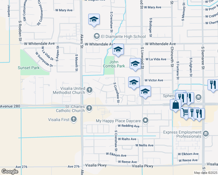 map of restaurants, bars, coffee shops, grocery stores, and more near 4923 West Chestnut Avenue in Visalia