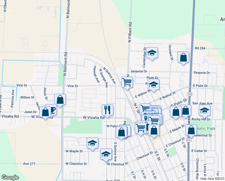 map of restaurants, bars, coffee shops, grocery stores, and more near 452 North Quince Avenue in Exeter