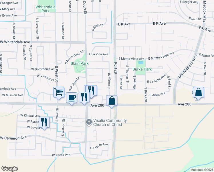 map of restaurants, bars, coffee shops, grocery stores, and more near 3335 South Bridge Street in Visalia
