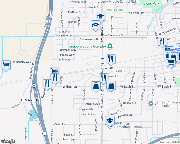 map of restaurants, bars, coffee shops, grocery stores, and more near 19-51 Acacia Dr in Lemoore