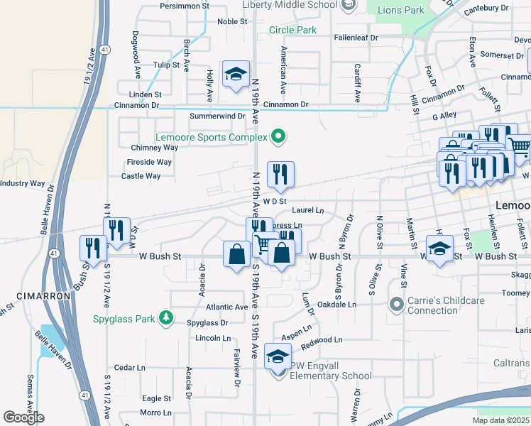 map of restaurants, bars, coffee shops, grocery stores, and more near 1155 Laurel Lane in Lemoore