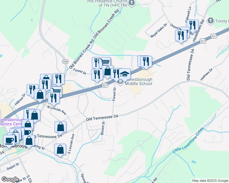 map of restaurants, bars, coffee shops, grocery stores, and more near 306 Forest Drive in Jonesborough