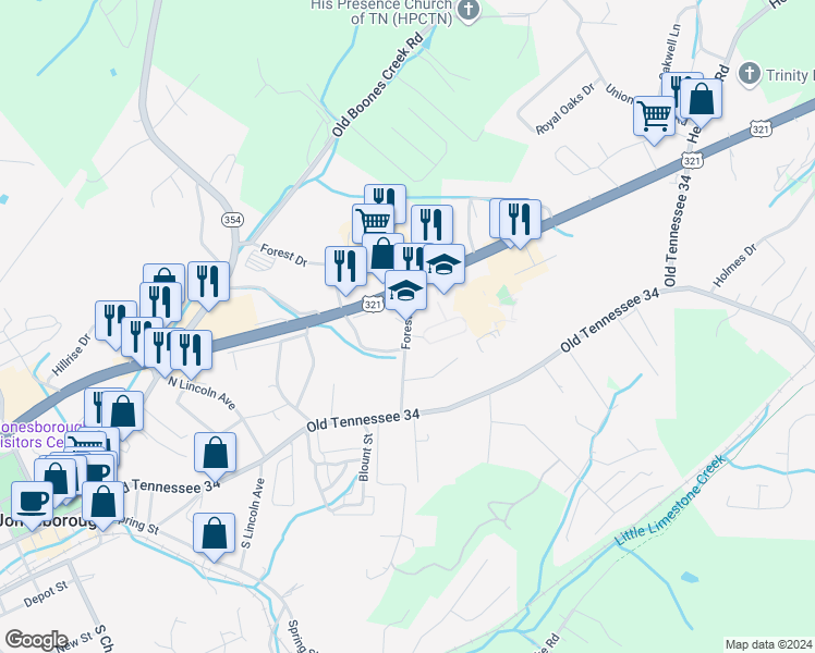 map of restaurants, bars, coffee shops, grocery stores, and more near 306 Forest Drive in Jonesborough