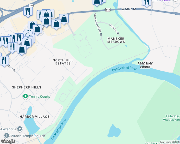 map of restaurants, bars, coffee shops, grocery stores, and more near 355 Cumberland Hills Drive in Nashville