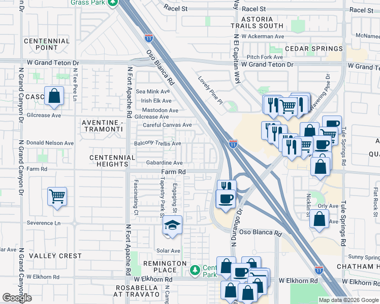 map of restaurants, bars, coffee shops, grocery stores, and more near 7645 North Interlace Street in Las Vegas